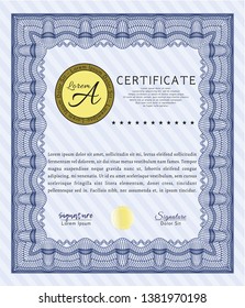 Blue Diploma template or certificate template. Printer friendly. Artistry design. Vector illustration. 