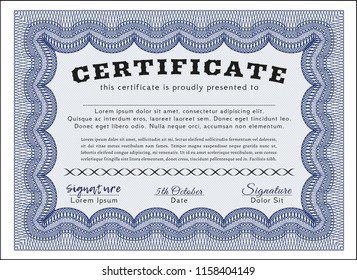 Blue Diploma template or certificate template. Retro design. Detailed. With guilloche pattern. 