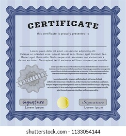 Blue Diploma template or certificate template. Vector illustration. With guilloche pattern. Perfect design. 