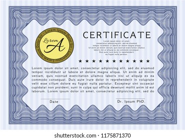 Blue Diploma template or certificate template. Vector illustration. With great quality guilloche pattern. Good design. 