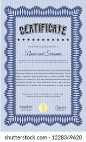 Blue Diploma template or certificate template. Vector illustration. With guilloche pattern and background. Modern design. 