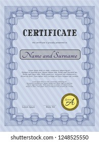 Blue Diploma template or certificate template. Vector illustration. Printer friendly. Nice design. 