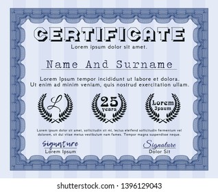 Blue Diploma template or certificate template. Vector illustration. With background. Money style design. 