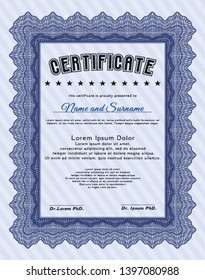 Blue Diploma template or certificate template. Vector illustration. With great quality guilloche pattern. Excellent design. 