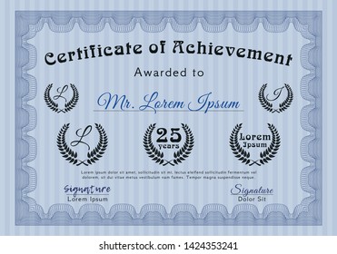 Blue Diploma template or certificate template. Vector illustration. Easy to print. Lovely design. 