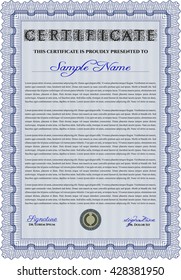 Blue Diploma template or certificate template. Vector pattern that is used in money and certificate. With quality background. Beauty design. 