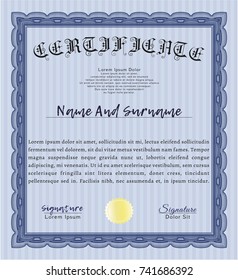 Blue Diploma template or certificate template. Vector illustration. Printer friendly. Lovely design. 
