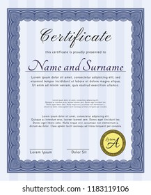 Blue Diploma template. Complex background. Money style design. Vector illustration. 
