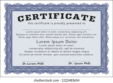 Blue Diploma template. Complex background. Money Pattern. Detailed. 