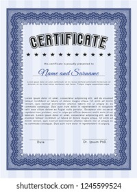 Blue Diploma template. With complex background. Cordial design. Vector illustration. 
