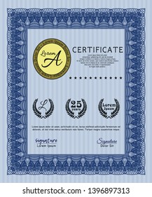 Blue Diploma template. With complex background. Good design. Vector illustration. 