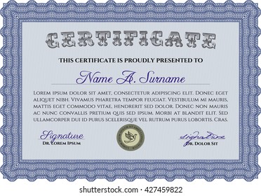 Blue Diploma template. With complex background. Excellent design. Vector illustration. 
