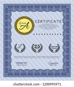 Blue Diploma template. With complex linear background. Sophisticated design. Vector illustration. 