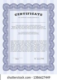 Blue Diploma template. With complex linear background. Detailed. Excellent design. 