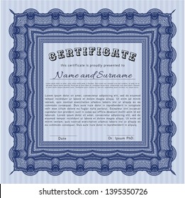 Blue Diploma template. With complex linear background. Lovely design. Detailed. 