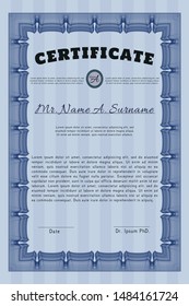 Blue Diploma template. With complex linear background. Retro design. Detailed. 