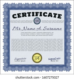 Blue Diploma template. With complex linear background. Money style design. Vector illustration. 