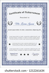 Blue Diploma template. Detailed. With background. Modern design. 