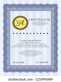 Blue Diploma template. Detailed. With complex linear background. Money style design. 