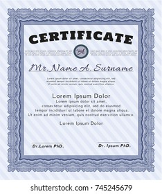 Blue Diploma template. Detailed. Complex background. Retro design. 