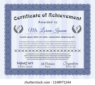 Blue Diploma template. Detailed. With great quality guilloche pattern. Artistry design. 