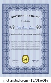 Blue Diploma template. Detailed. With great quality guilloche pattern. Retro design. 