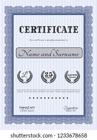 Blue Diploma template. Detailed. With guilloche pattern and background. Good design. 
