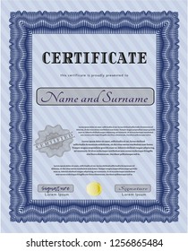 Blue Diploma template. Easy to print. Sophisticated design. Vector illustration. 