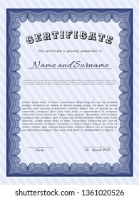Blue Diploma template. Excellent design. With guilloche pattern. Vector illustration. 