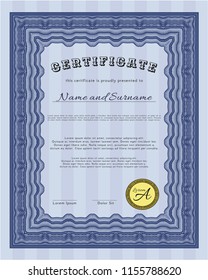 Blue Diploma template. With great quality guilloche pattern. Money Pattern design. Detailed. 