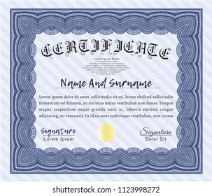 Blue Diploma template. With guilloche pattern and background. Detailed. Nice design. 