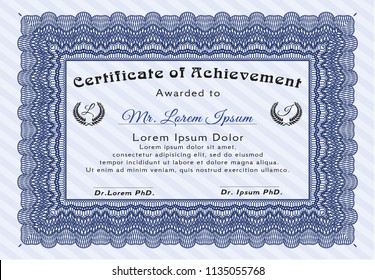 Blue Diploma template. With guilloche pattern and background. Modern design. Vector illustration. 