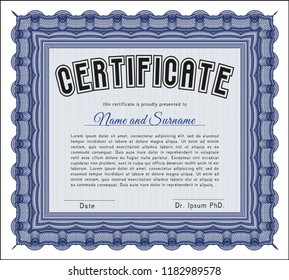 Blue Diploma template. With guilloche pattern and background. Excellent design. Vector illustration. 