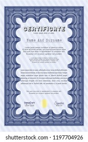 Blue Diploma template. With guilloche pattern. Customizable, Easy to edit and change colors. Excellent design. 