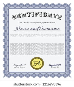 Blue Diploma template. With guilloche pattern and background. Vector illustration. Beauty design. 