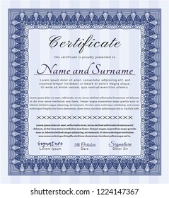 Blue Diploma template. With guilloche pattern. Elegant design. Detailed. 