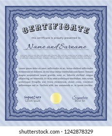 Blue Diploma template. With guilloche pattern. Vector illustration. Money Pattern. 