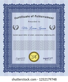 Blue Diploma template. With guilloche pattern and background. Vector illustration. Nice design. 