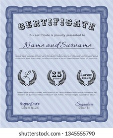 Blue Diploma template. With guilloche pattern and background. Vector illustration. Nice design. 
