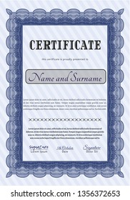 Blue Diploma template. With guilloche pattern and background. Perfect design. Detailed. 
