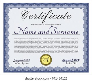 Blue Diploma template. With guilloche pattern and background. Lovely design. Vector illustration. 