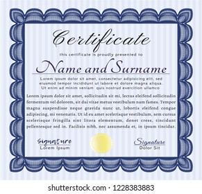 Blue Diploma template. With linear background. Cordial design. Vector illustration. 