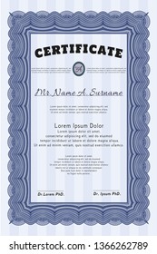 Blue Diploma template. With linear background. Money Pattern design. Vector illustration. 