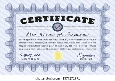 Blue Diploma template. With linear background. Detailed. Sophisticated design. 