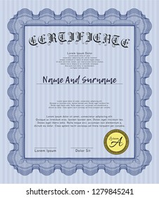 Blue Diploma template. Money design. Vector illustration. Easy to print. 