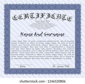 Blue Diploma template. Money Pattern. Detailed. With complex background. 