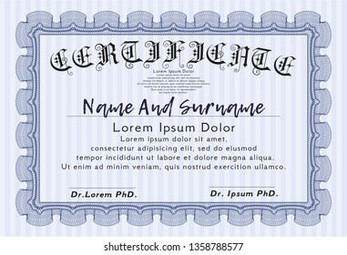 Blue Diploma template. Money Pattern design. Printer friendly. Detailed. 