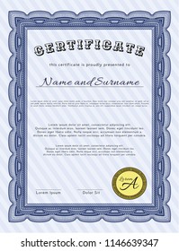 Blue Diploma template. Money style design. With complex background. Vector illustration. 