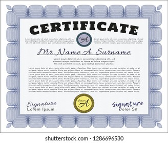 Blue Diploma template. Printer friendly. Detailed. Money design. 