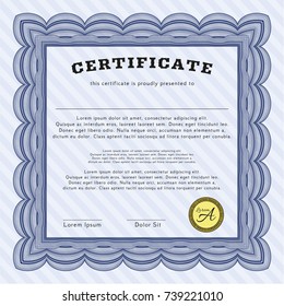 Blue Diploma template. Printer friendly. Vector illustration. Beauty design. 